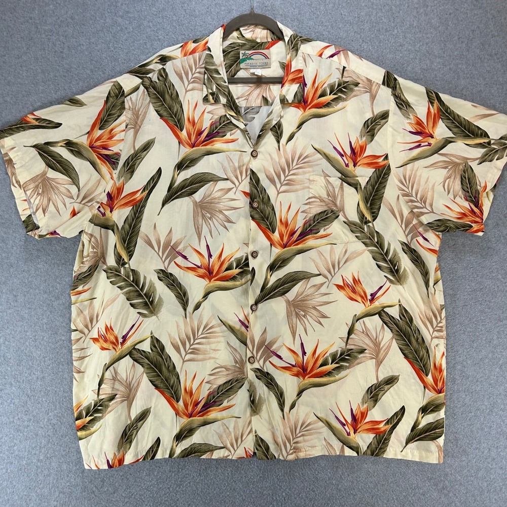Paradise Found Hawaiian Shirt Bird of Paradise Mens XL Cream Rayon Aloha Beach